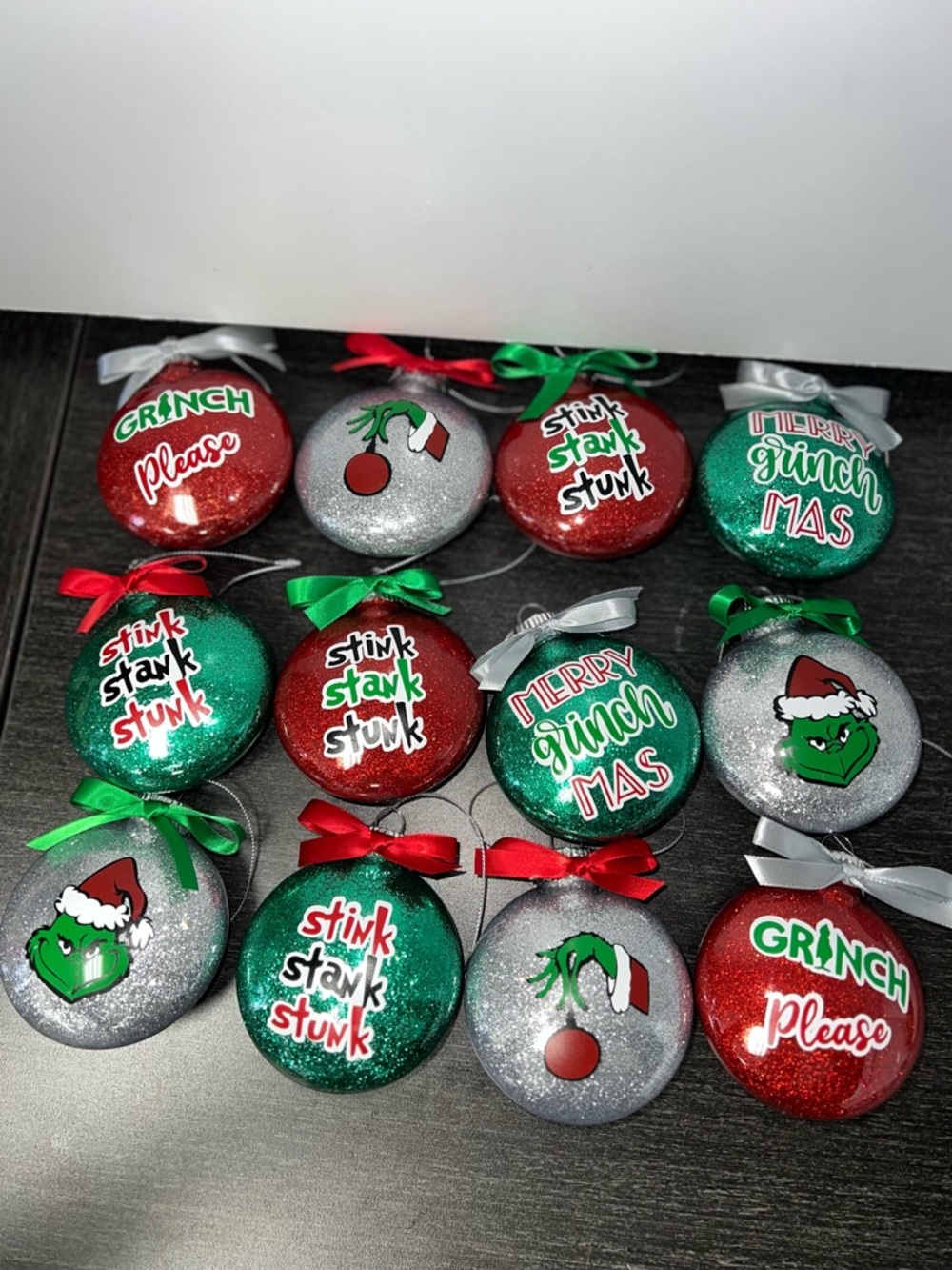 Festive Grinch-Themed Glitter Ornament Set - Red, Green, Silver